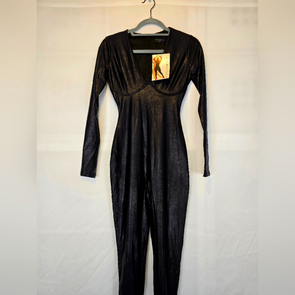 Naked Wardrobe Black Pleather Long Sleeve Jumpsuit 37